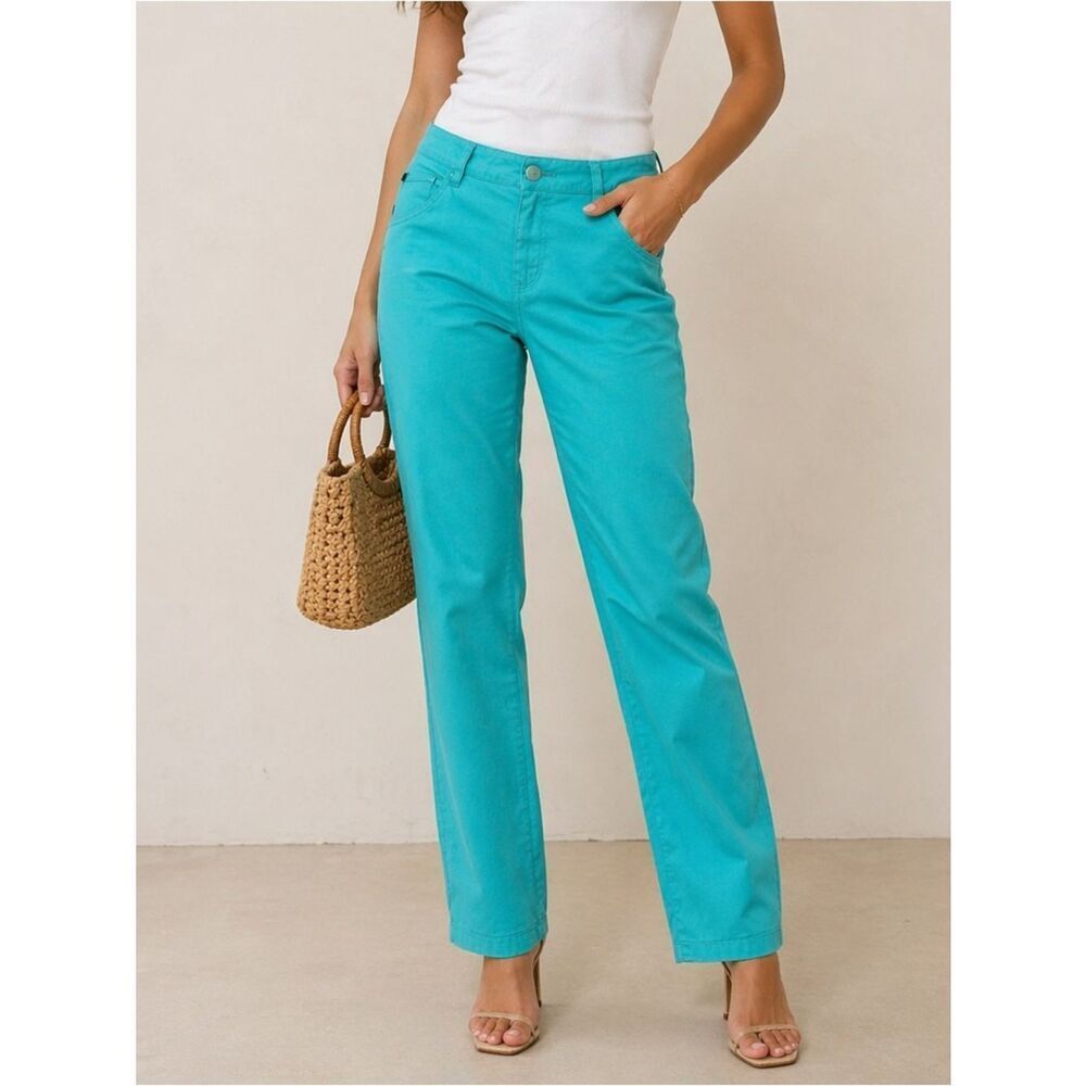 Trina Turk Turquoise Cotton Straight Leg Pants